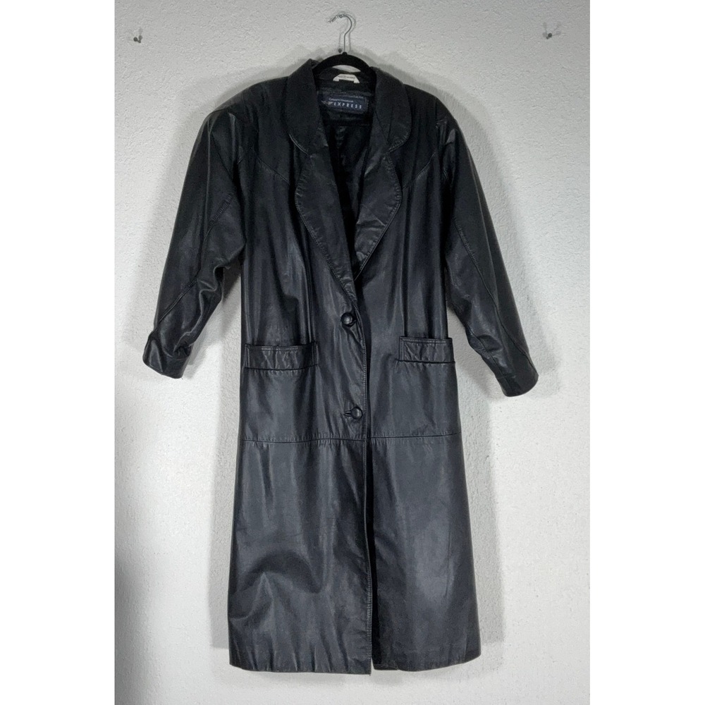 Express Black Leather Trench Coat - P - Vintage 90s Longline Matrix Goth Jacket